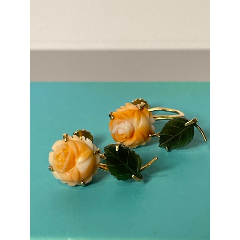 Vintage Krementz Genuine Coral & Jade Rose Earrings Screw Back Gold Tone